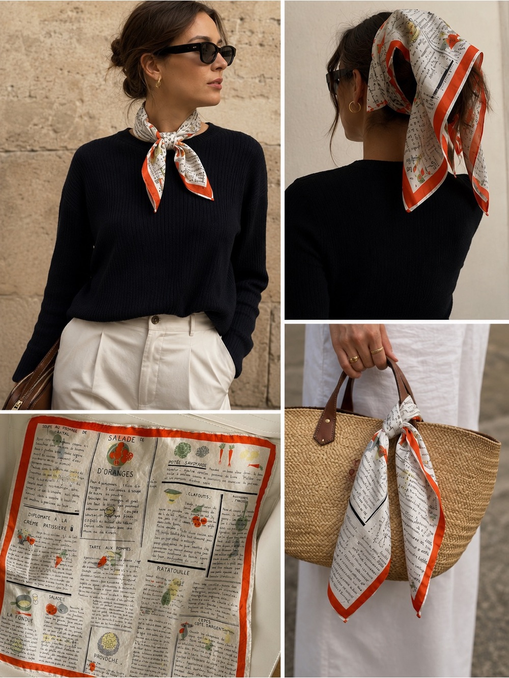 Vintage French Recipe Print Scarf Square Culinary Food Theme Orange White 21x21